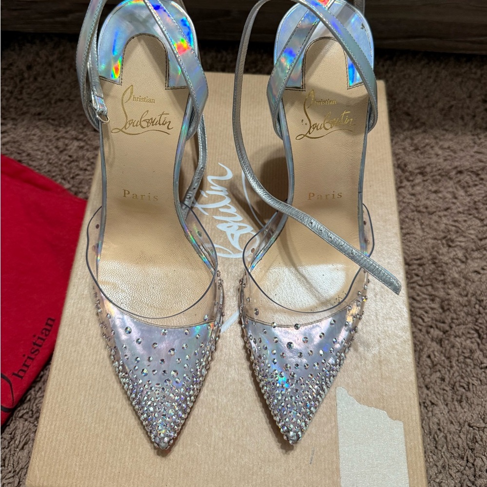 Christian Louboutin Iridescent Silver Crystal Pointed Toe Heels